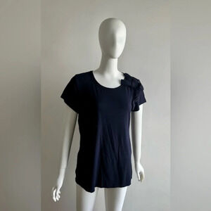 Adrienne Vittadini Womens Large Top Dark Blue  Short Sleeve Bow Details NWOT